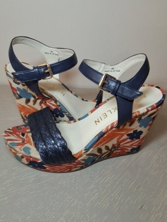 Anne Klein Shoes - Anne Klein Navy Wedge Sandal Size 9 Floral Canvas Braided Ankle Strap Worn Once